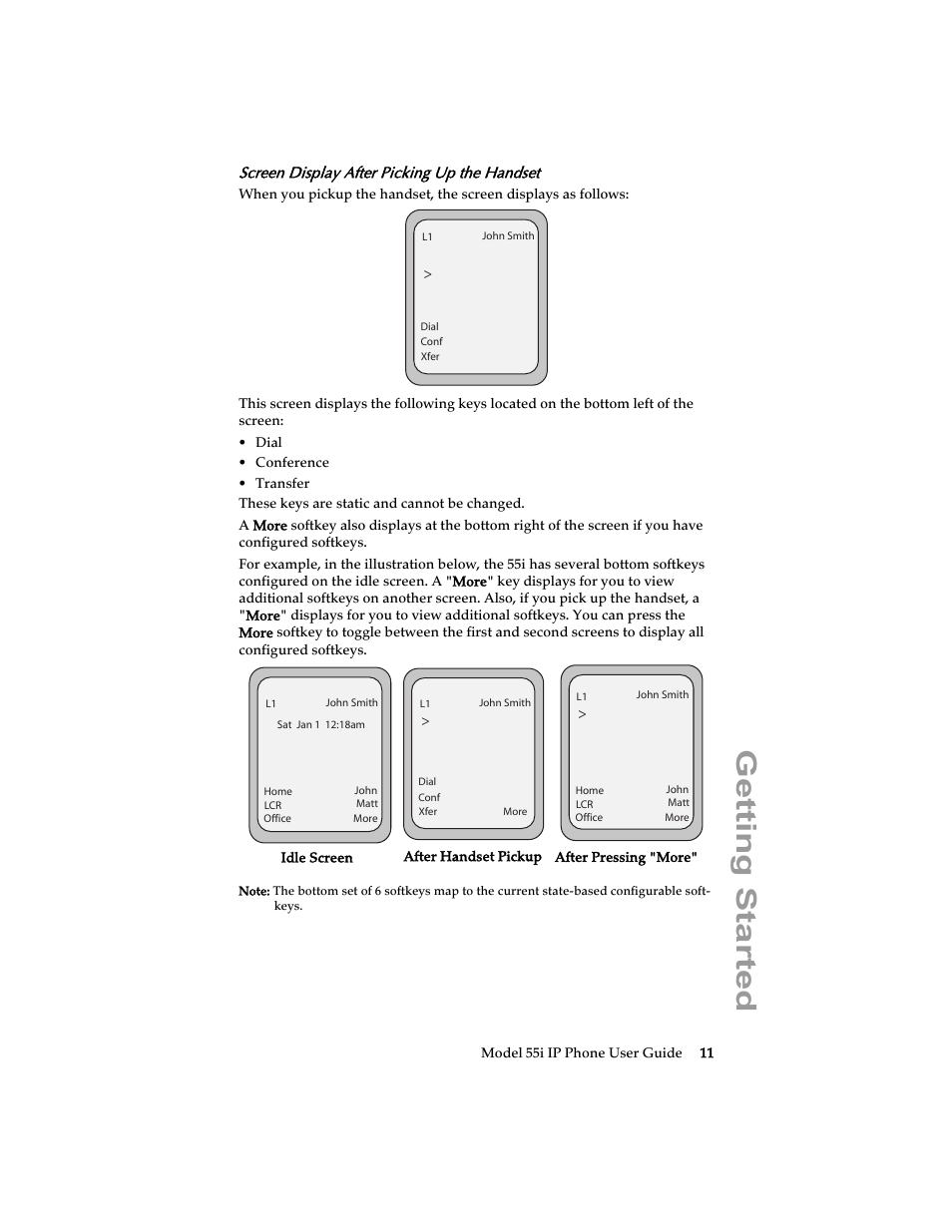 Screen display after picking up the handset, Getting started | Aastra Telecom 55i IP Phone User Manual | Page 17 / 152