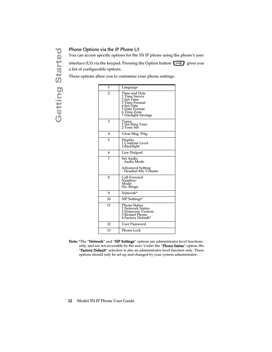 Phone options via the ip phone ui, Getting started | Aastra Telecom 55i IP Phone User Manual | Page 18 / 152