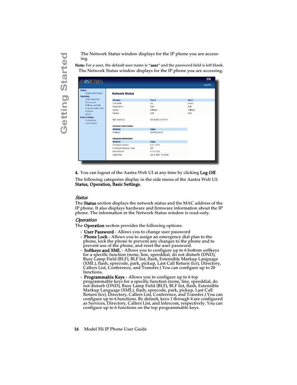 Status, Operation, Getting started | Aastra Telecom 55i IP Phone User Manual | Page 22 / 152