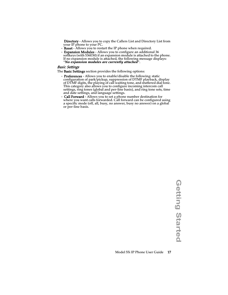 Basic settings, Getting started | Aastra Telecom 55i IP Phone User Manual | Page 23 / 152