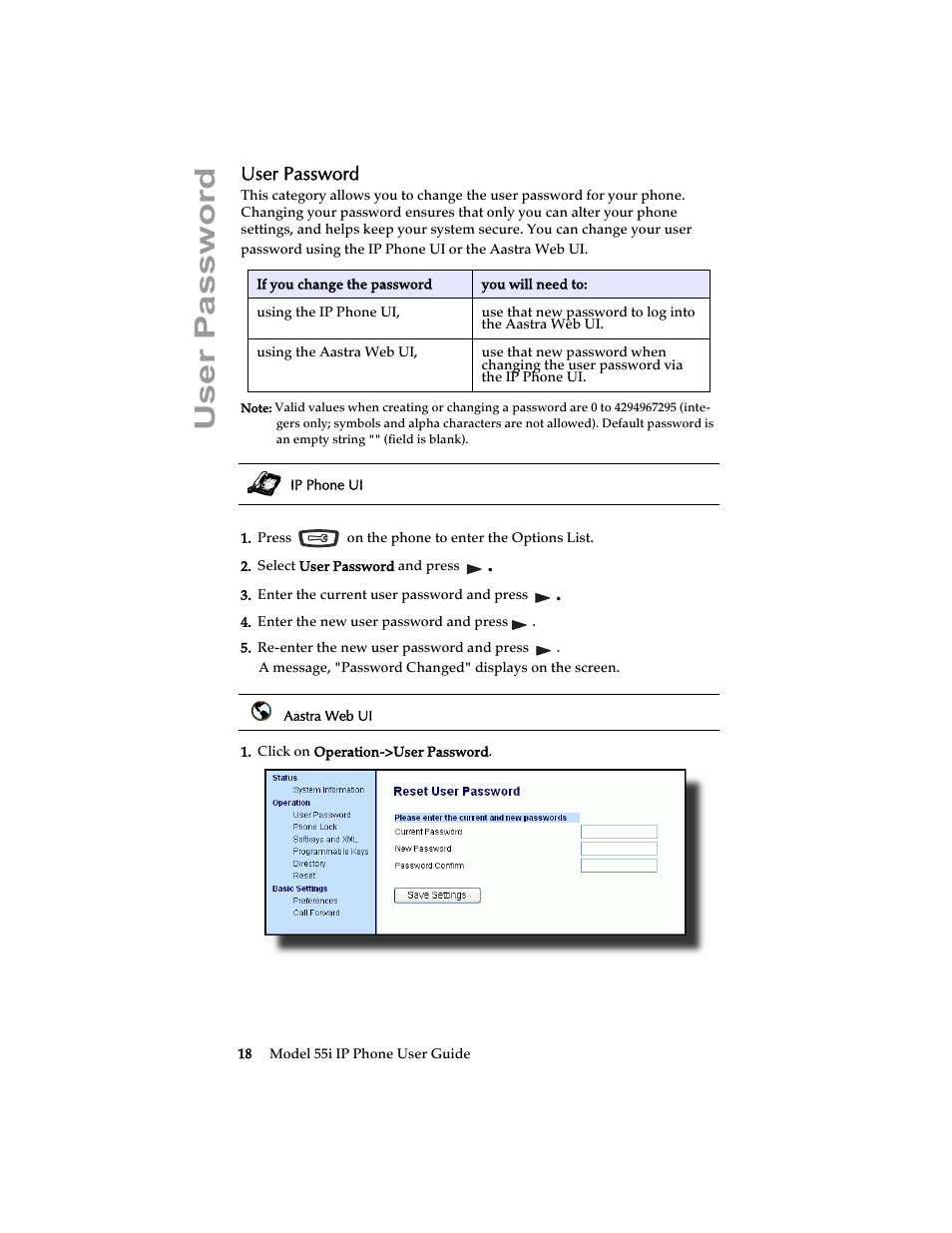 User password | Aastra Telecom 55i IP Phone User Manual | Page 24 / 152