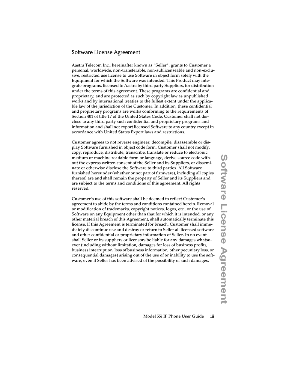 Software license agreement | Aastra Telecom 55i IP Phone User Manual | Page 3 / 152