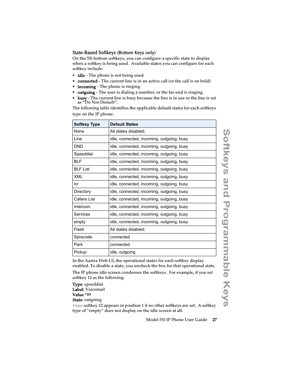 State-based softkeys (bottom keys only), Softkeys and programmable keys | Aastra Telecom 55i IP Phone User Manual | Page 33 / 152