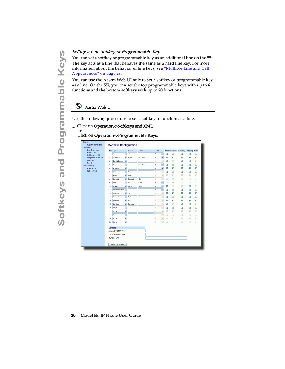 Setting a line softkey or programmable key, Softkeys and programmable keys | Aastra Telecom 55i IP Phone User Manual | Page 36 / 152