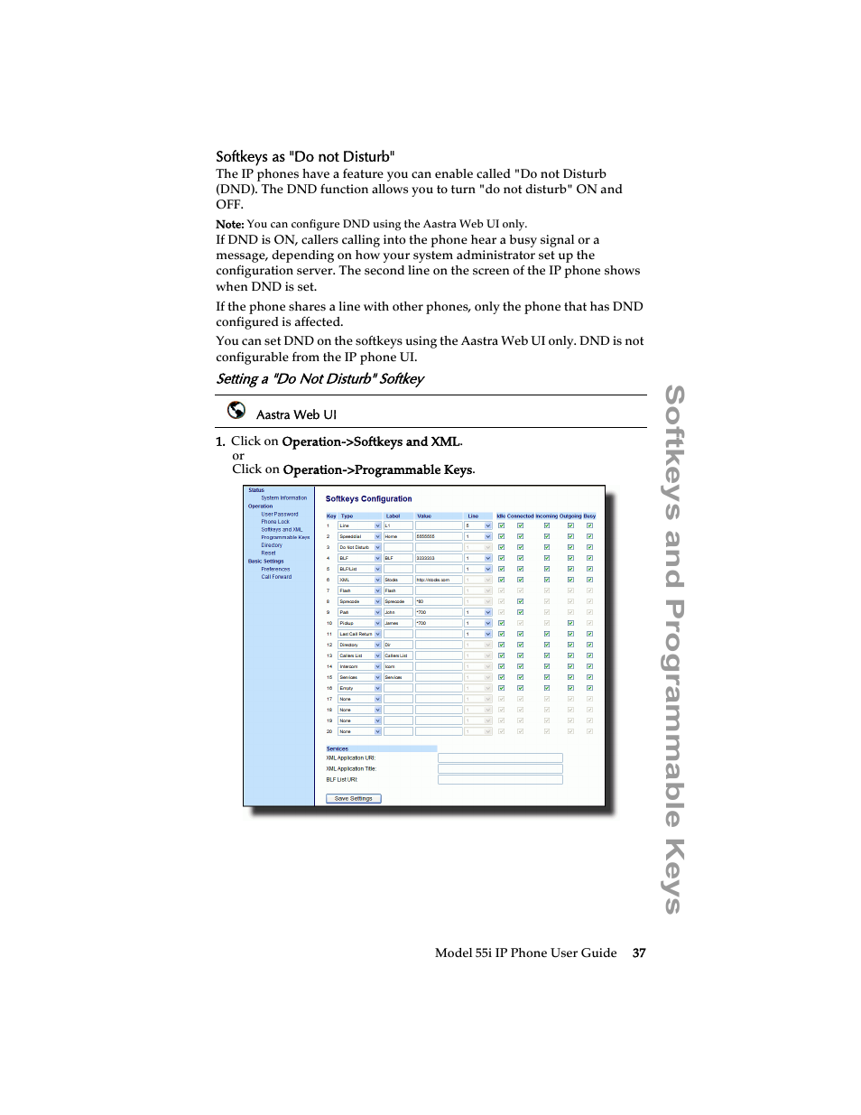 Softkeys as "do not disturb, Setting a "do not disturb" softkey, Softkeys and programmable keys | Aastra Telecom 55i IP Phone User Manual | Page 43 / 152