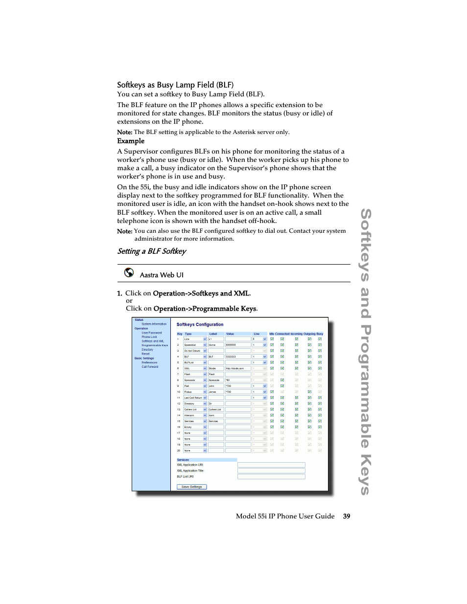 Softkeys as busy lamp field (blf), Setting a blf softkey, Softkeys and programmable keys | Aastra Telecom 55i IP Phone User Manual | Page 45 / 152