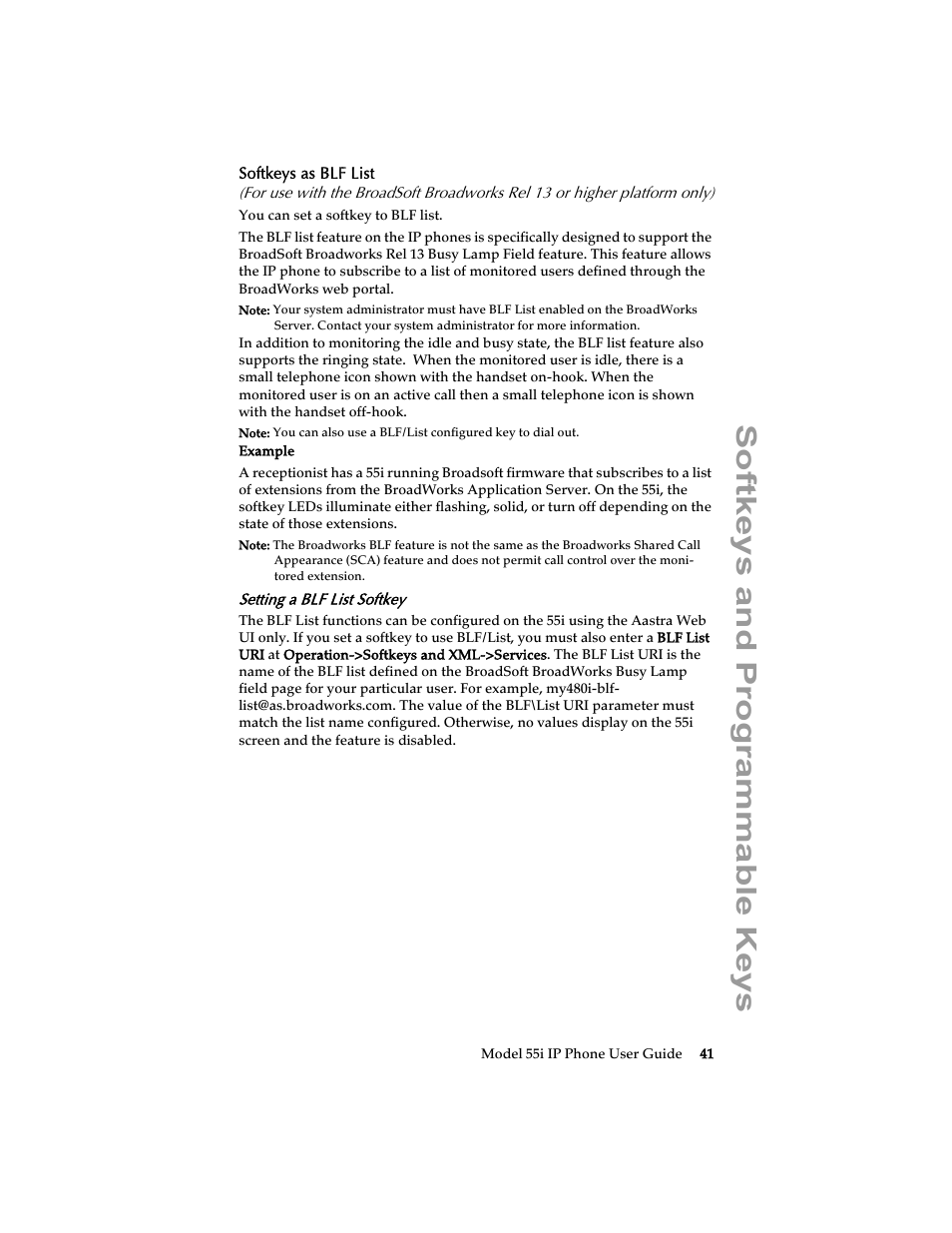 Softkeys as blf list, Setting a blf list softkey, Softkeys and programmable keys | Aastra Telecom 55i IP Phone User Manual | Page 47 / 152