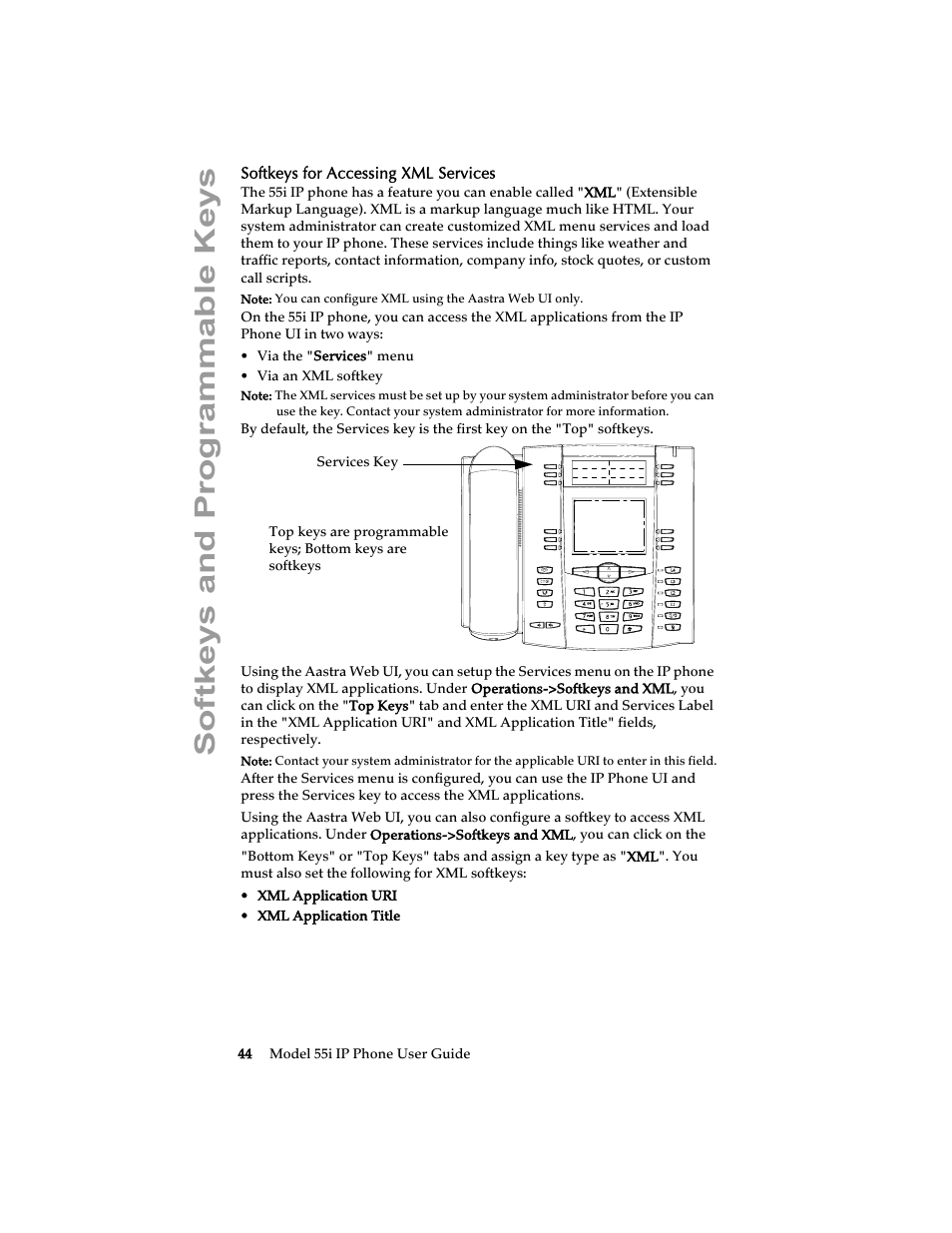 Softkeys for accessing xml services, Softkeys and programmable keys | Aastra Telecom 55i IP Phone User Manual | Page 50 / 152
