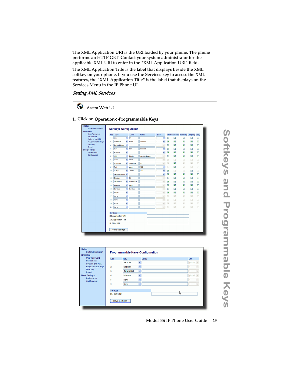 Setting xml services, Softkeys and programmable keys | Aastra Telecom 55i IP Phone User Manual | Page 51 / 152