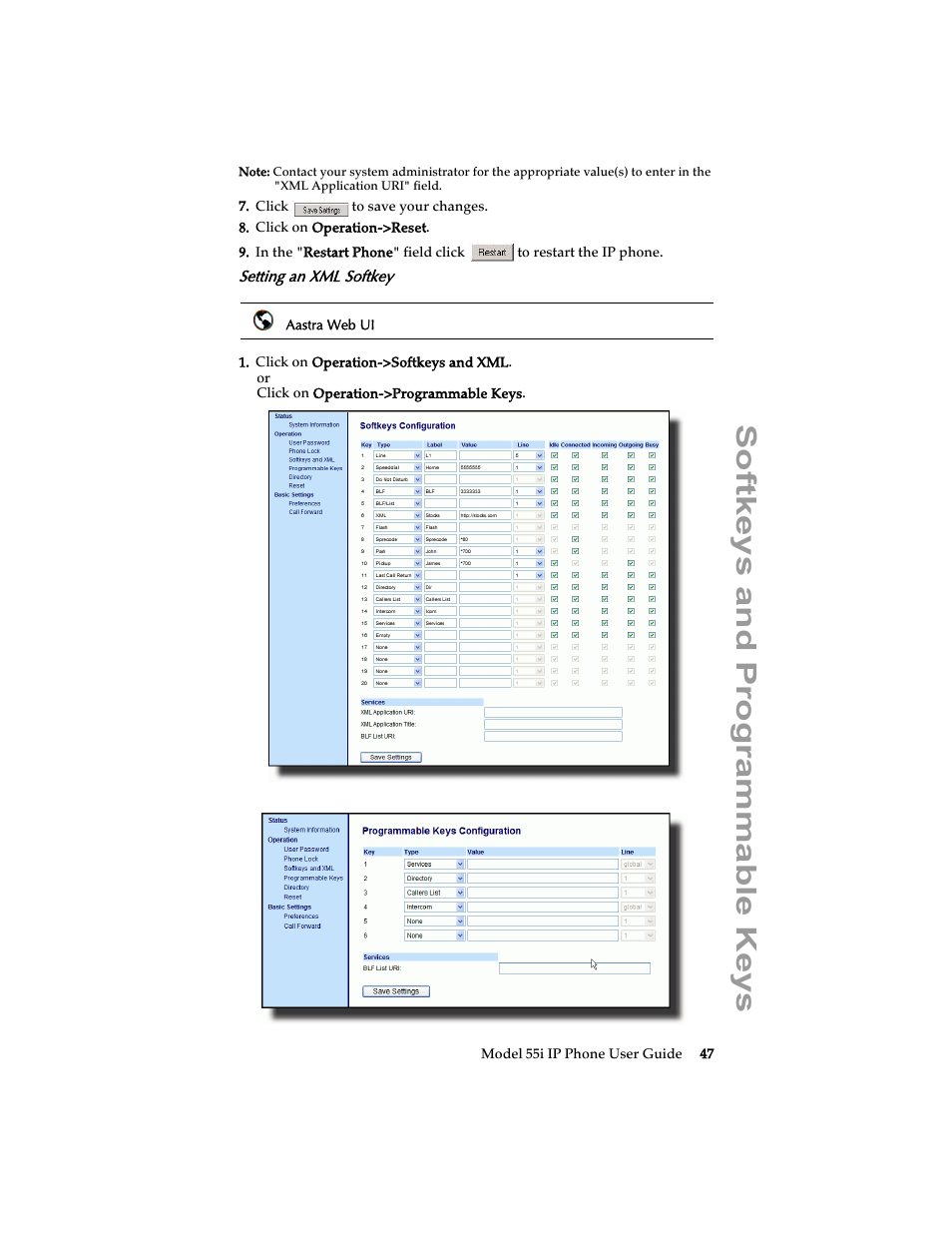 Setting an xml softkey, Softkeys and programmable keys | Aastra Telecom 55i IP Phone User Manual | Page 53 / 152