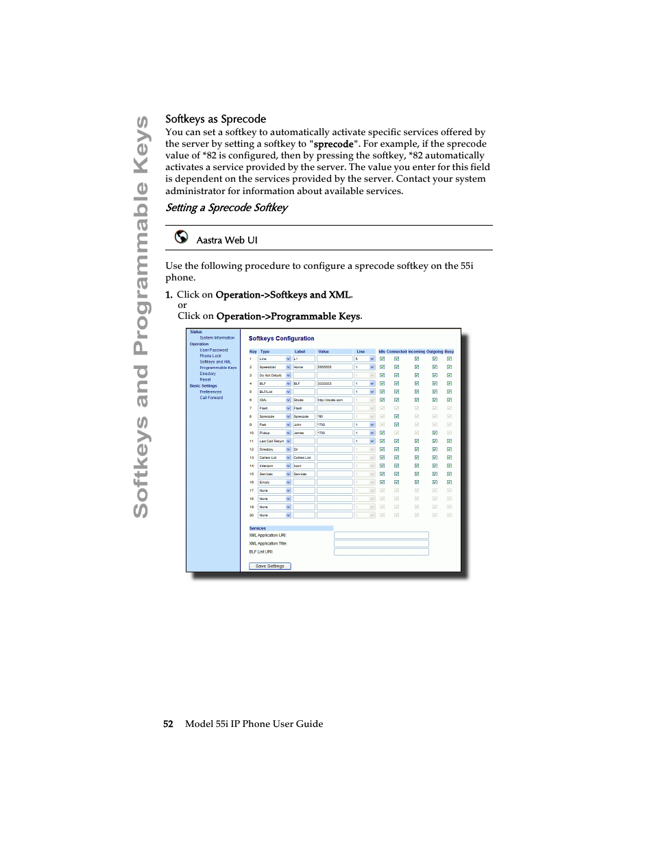 Softkeys as sprecode, Setting a sprecode softkey, Softkeys and programmable keys | Aastra Telecom 55i IP Phone User Manual | Page 58 / 152