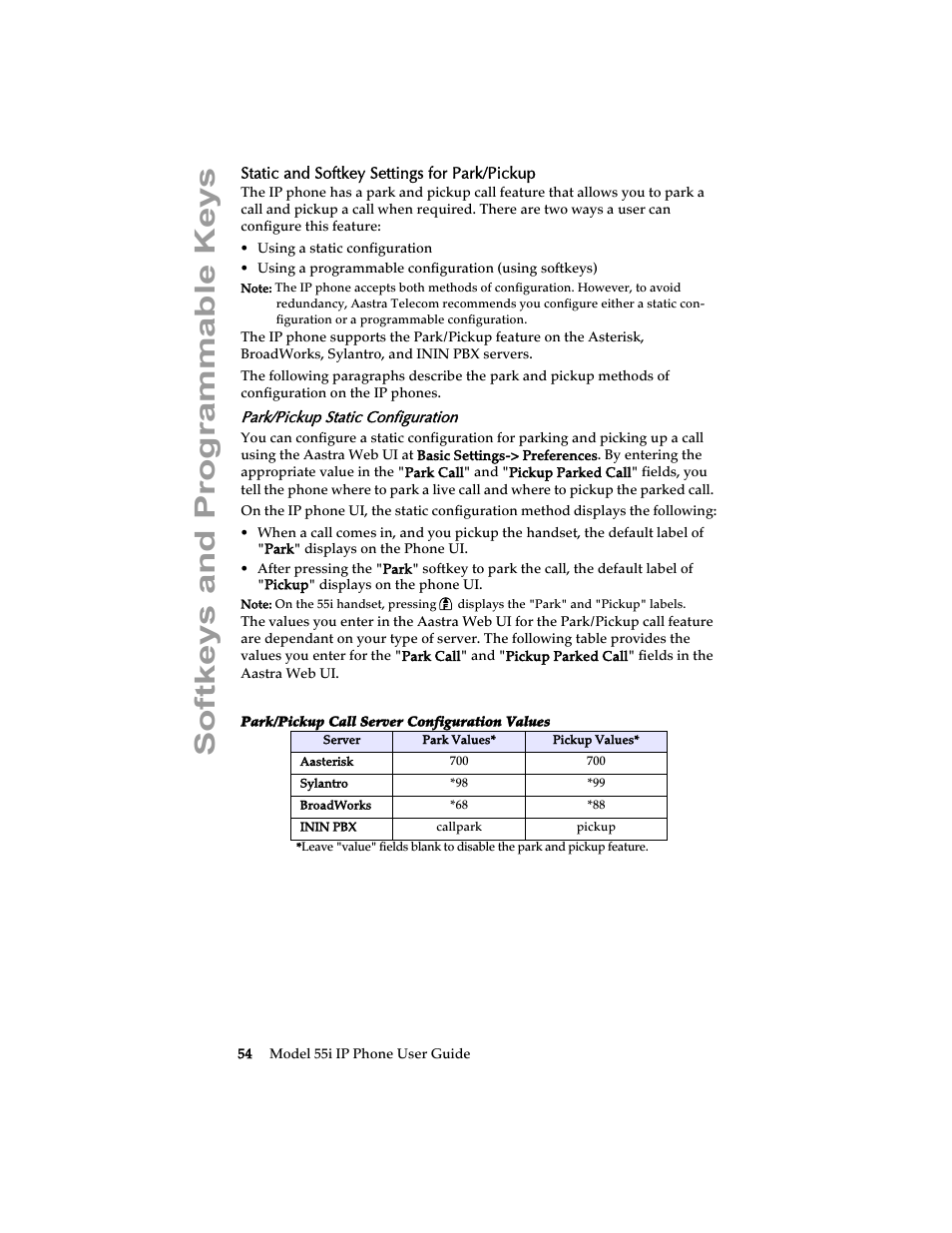 Static and softkey settings for park/pickup, Park/pickup static configuration, Softkeys and programmable keys | Aastra Telecom 55i IP Phone User Manual | Page 60 / 152