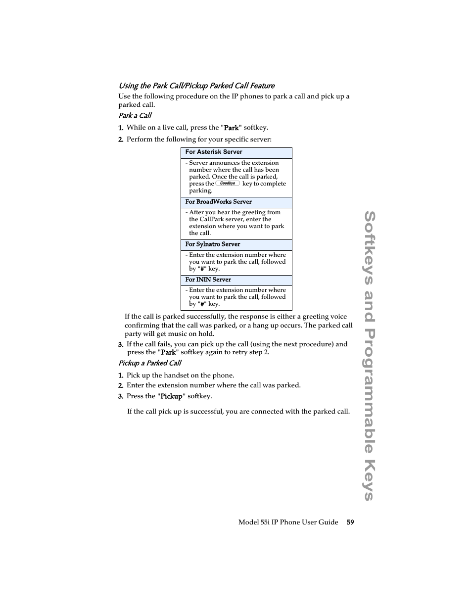 Using the park call/pickup parked call feature, Softkeys and programmable keys | Aastra Telecom 55i IP Phone User Manual | Page 65 / 152