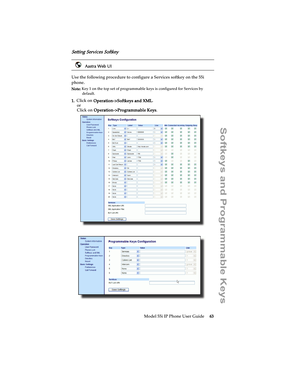 Setting services softkey, Softkeys and programmable keys | Aastra Telecom 55i IP Phone User Manual | Page 69 / 152