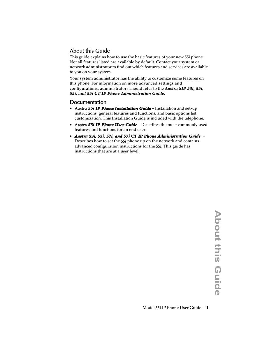 About this guide, Documentation | Aastra Telecom 55i IP Phone User Manual | Page 7 / 152