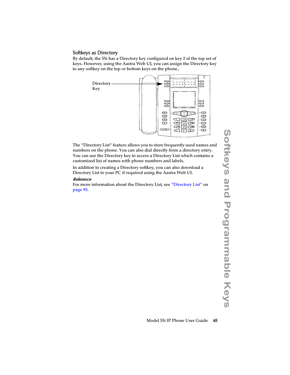 Softkeys as directory, Softkeys and programmable keys | Aastra Telecom 55i IP Phone User Manual | Page 71 / 152