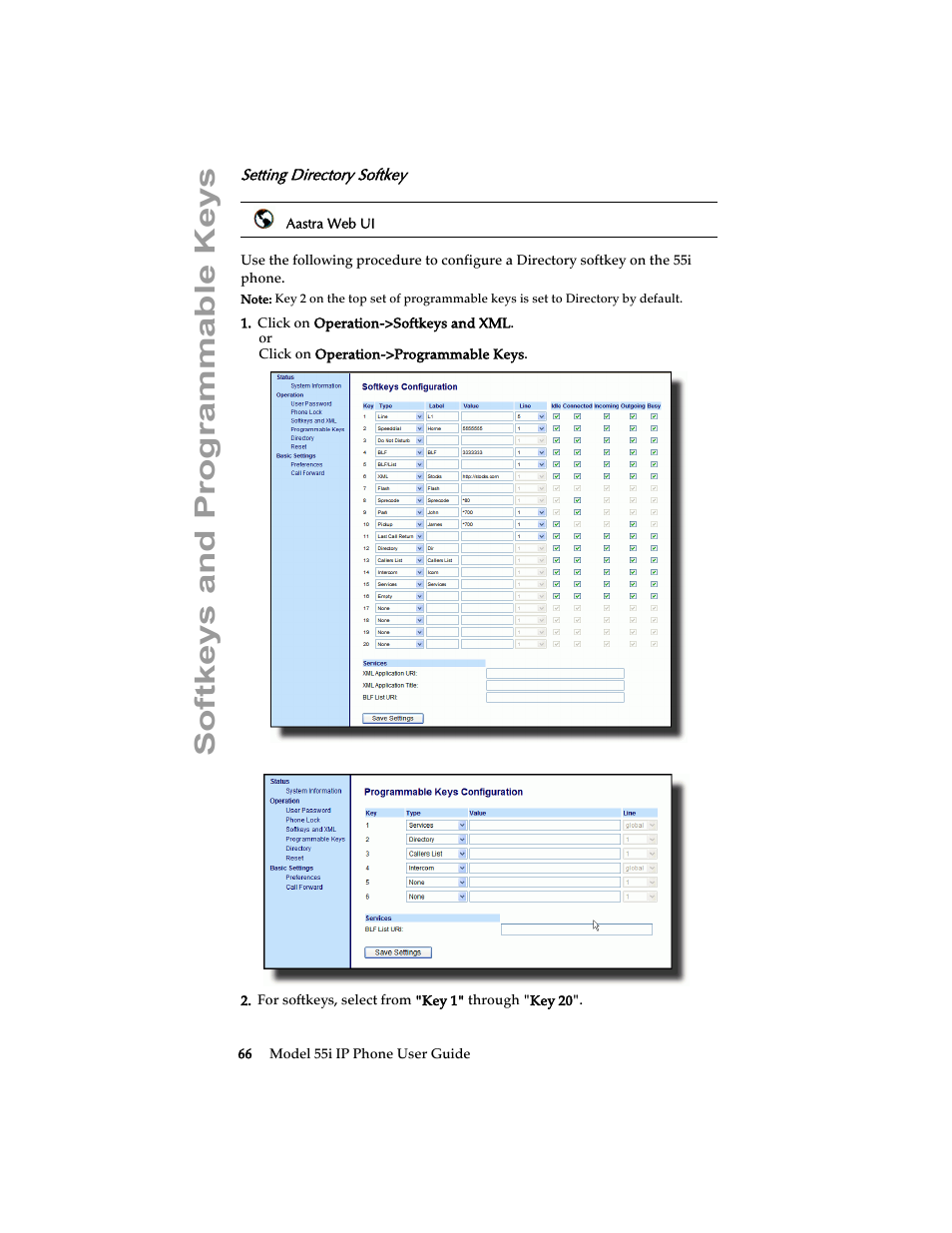 Setting directory softkey, Softkeys and programmable keys | Aastra Telecom 55i IP Phone User Manual | Page 72 / 152