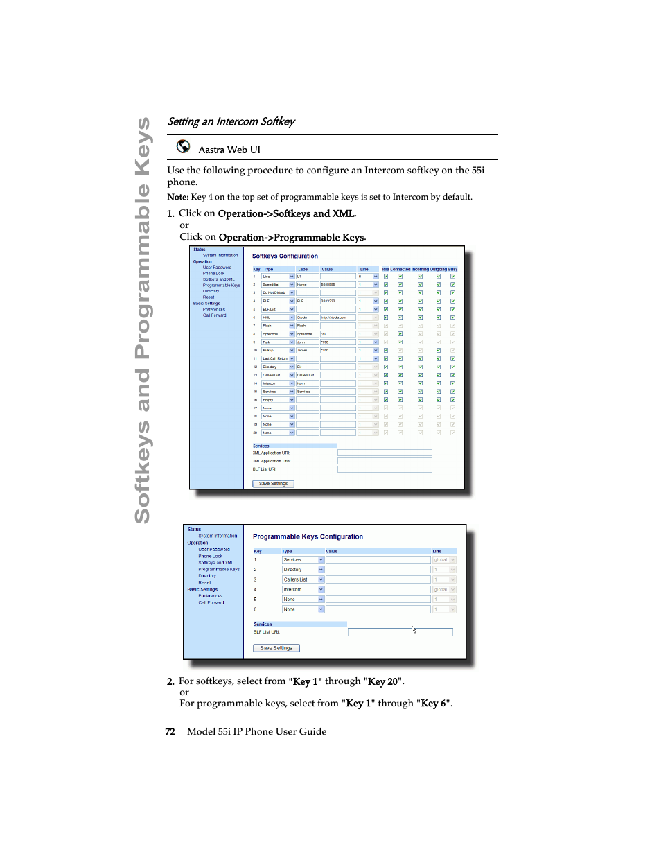 Setting an intercom softkey, Softkeys and programmable keys | Aastra Telecom 55i IP Phone User Manual | Page 78 / 152