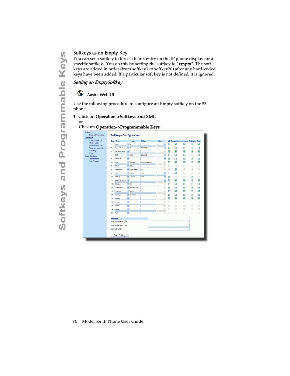 Softkeys as an empty key, Setting an emptysoftkey, Softkeys and programmable keys | Aastra Telecom 55i IP Phone User Manual | Page 80 / 152