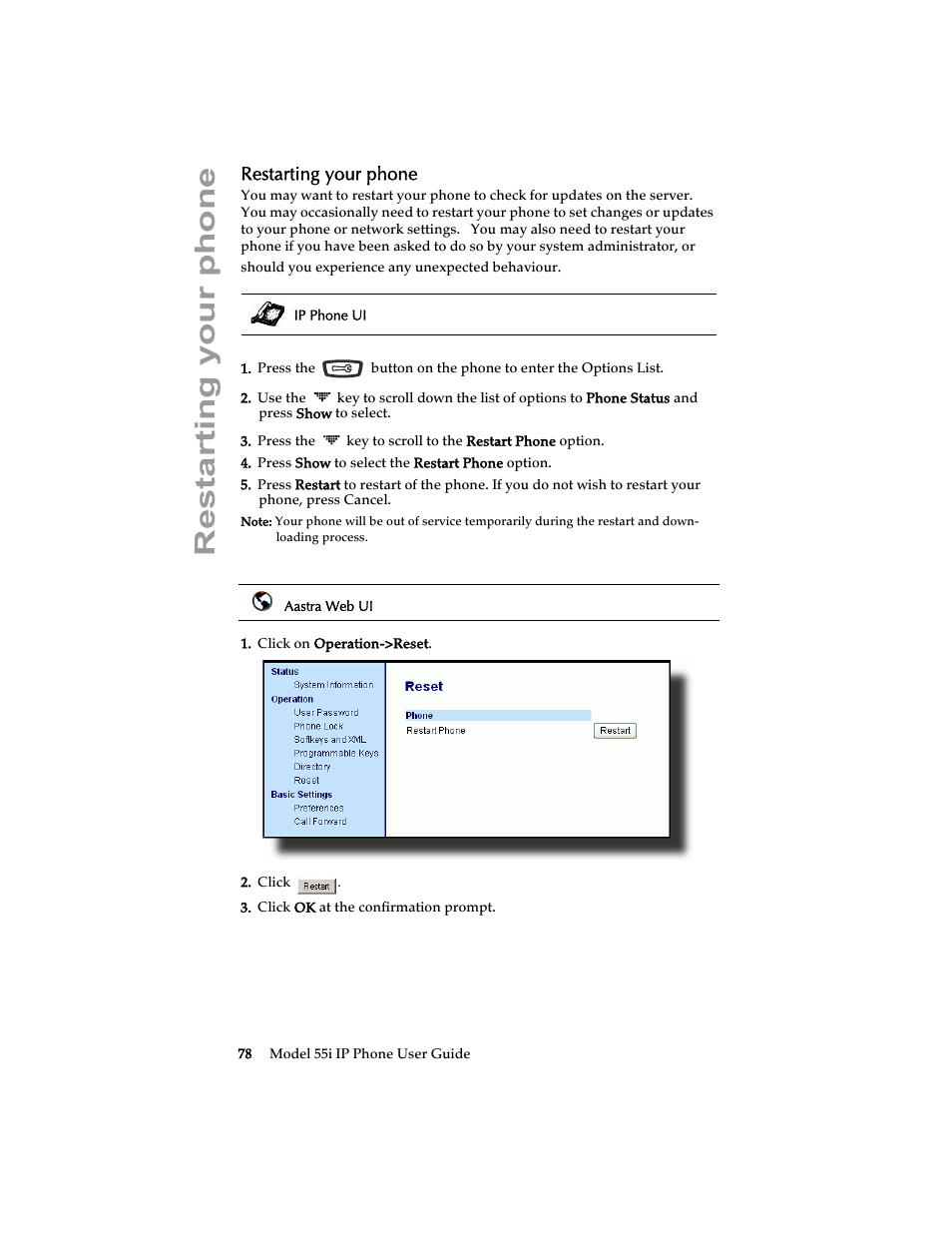 Restarting your phone | Aastra Telecom 55i IP Phone User Manual | Page 84 / 152