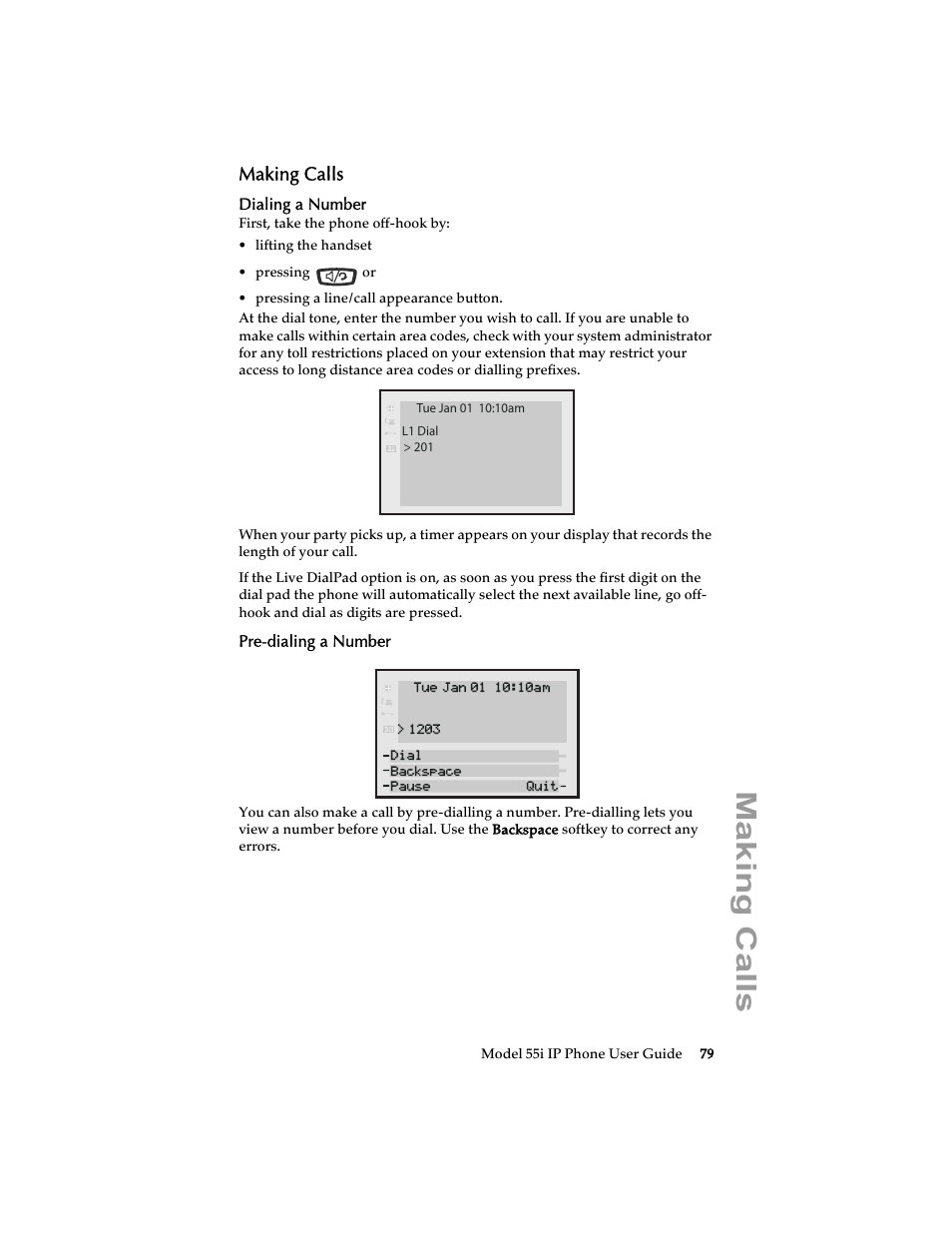 Making calls, Dialing a number, Pre-dialing a number | Aastra Telecom 55i IP Phone User Manual | Page 85 / 152
