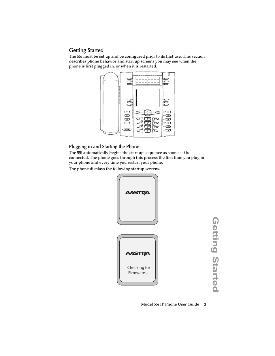 Getting started, Plugging in and starting the phone | Aastra Telecom 55i IP Phone User Manual | Page 9 / 152