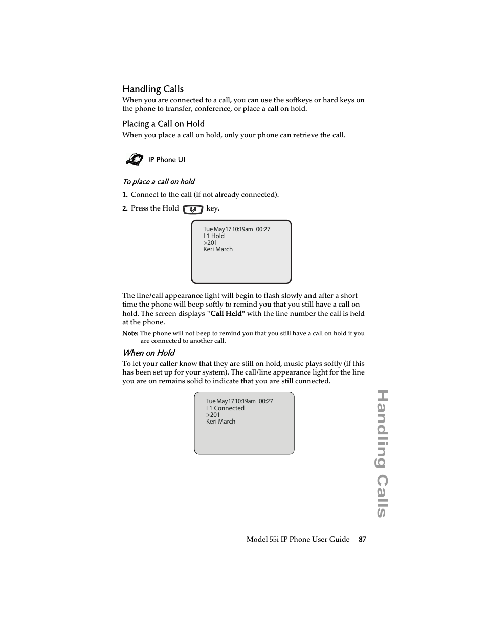 Handling calls, Placing a call on hold, When on hold | Aastra Telecom 55i IP Phone User Manual | Page 93 / 152