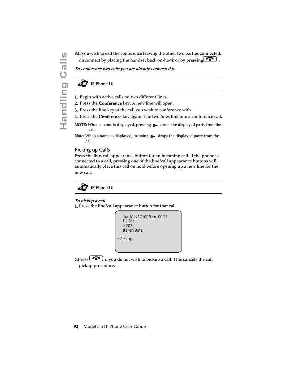 Picking up calls, Handling calls | Aastra Telecom 55i IP Phone User Manual | Page 98 / 152