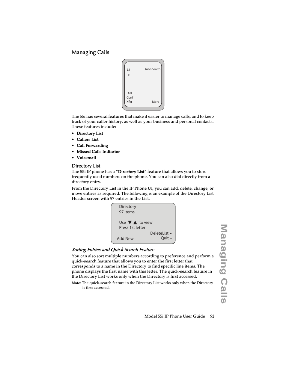 Managing calls, Directory list, Sorting entries and quick search feature | Aastra Telecom 55i IP Phone User Manual | Page 99 / 152