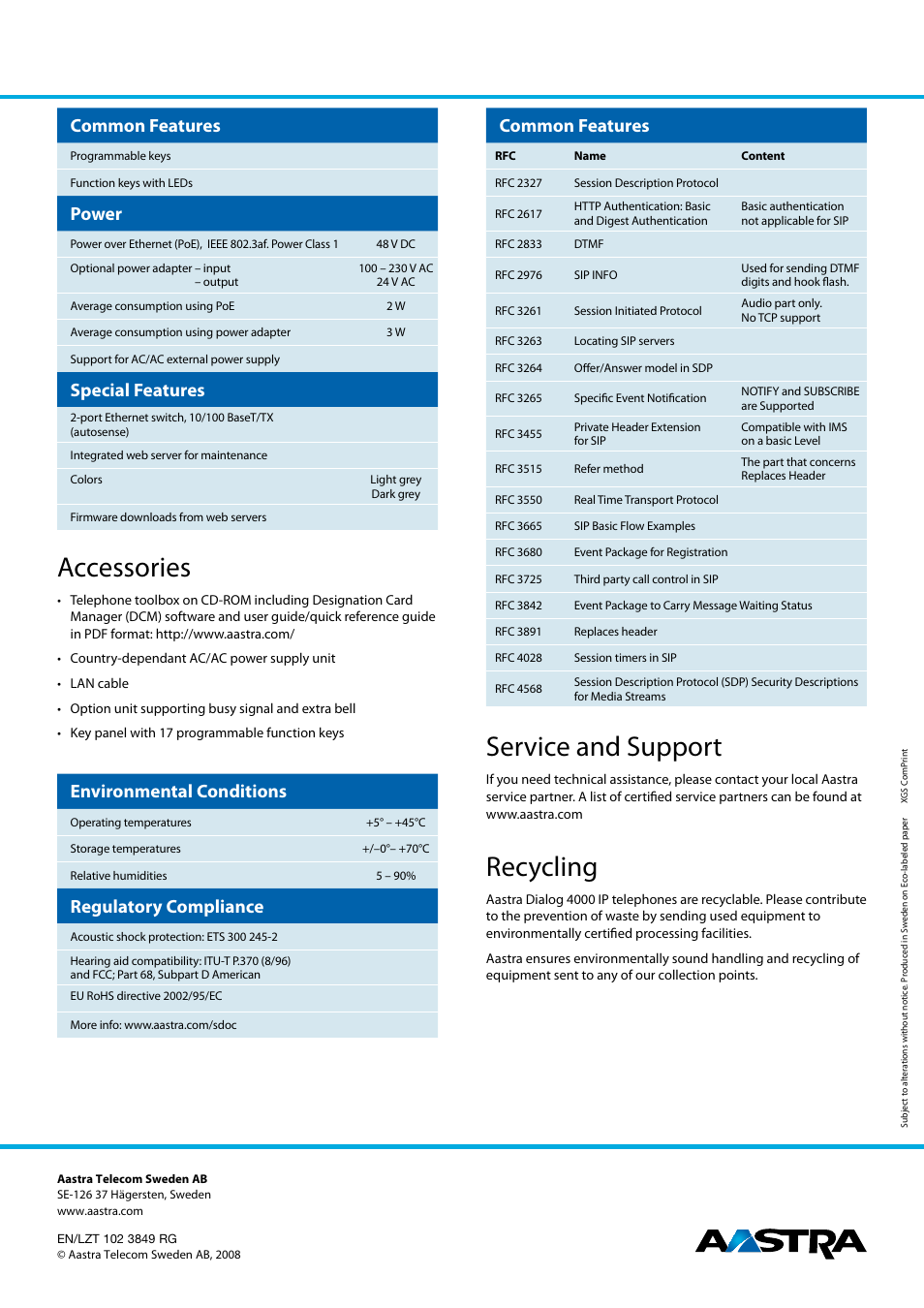 Accessories, Service and support, Recycling | Common features, Power, Special features, Environmental conditions, Regulatory compliance | Aastra Telecom Dialog 4000 User Manual | Page 4 / 4