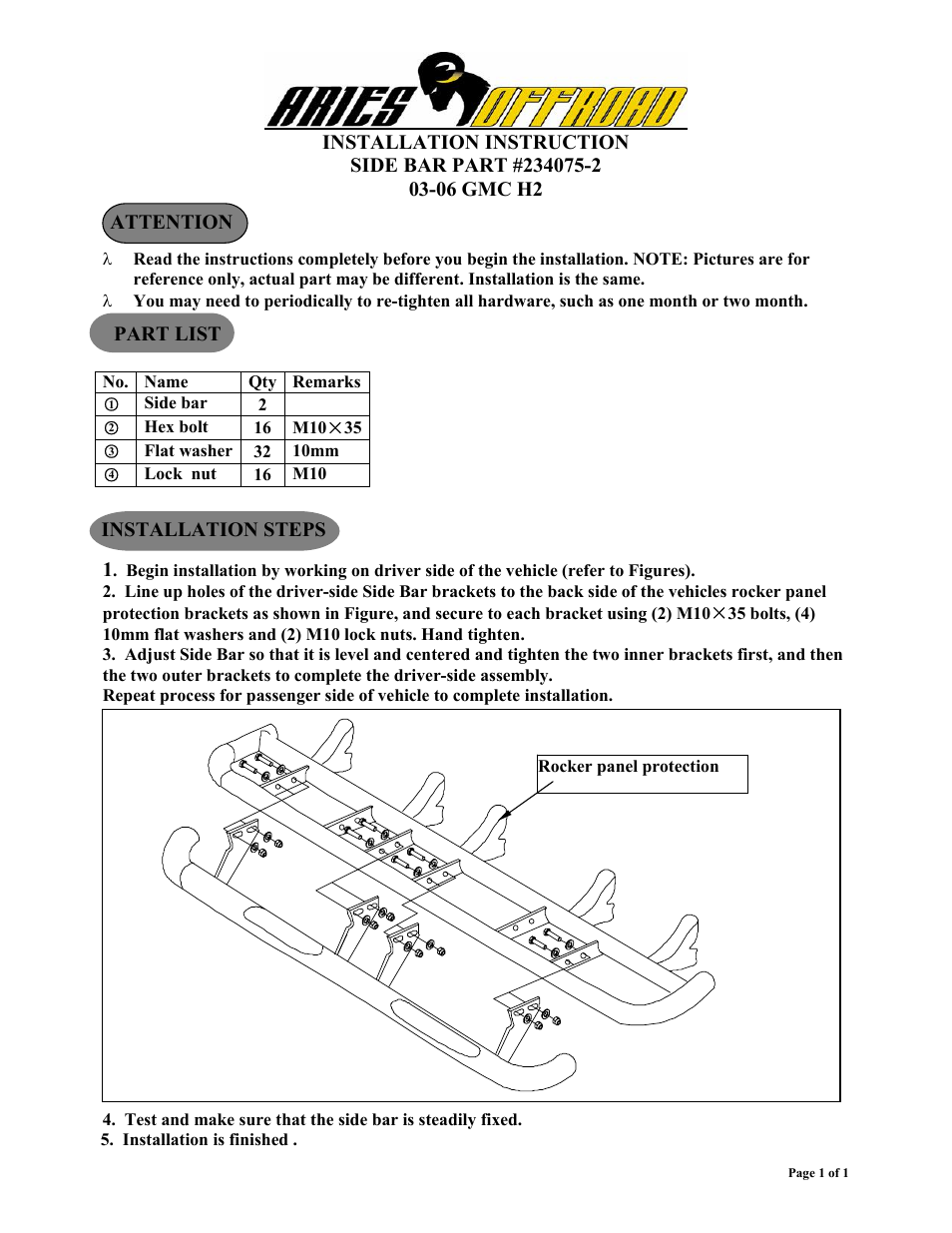Aries Automotive 234075-2 User Manual | 1 page