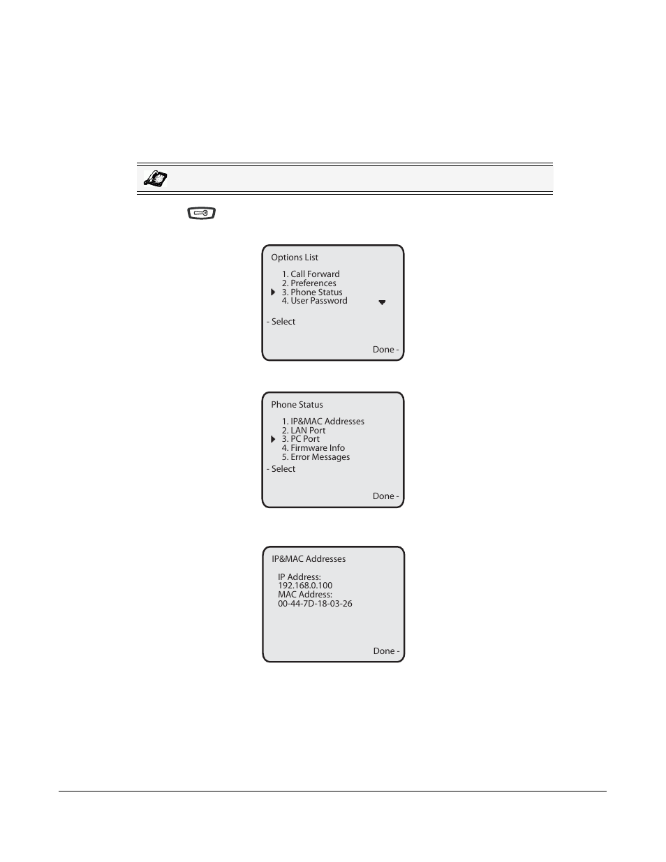 Finding your phone’s ip address, Finding your, Phone’s ip address | Phone status | Aastra Telecom 6757I User Manual | Page 31 / 276