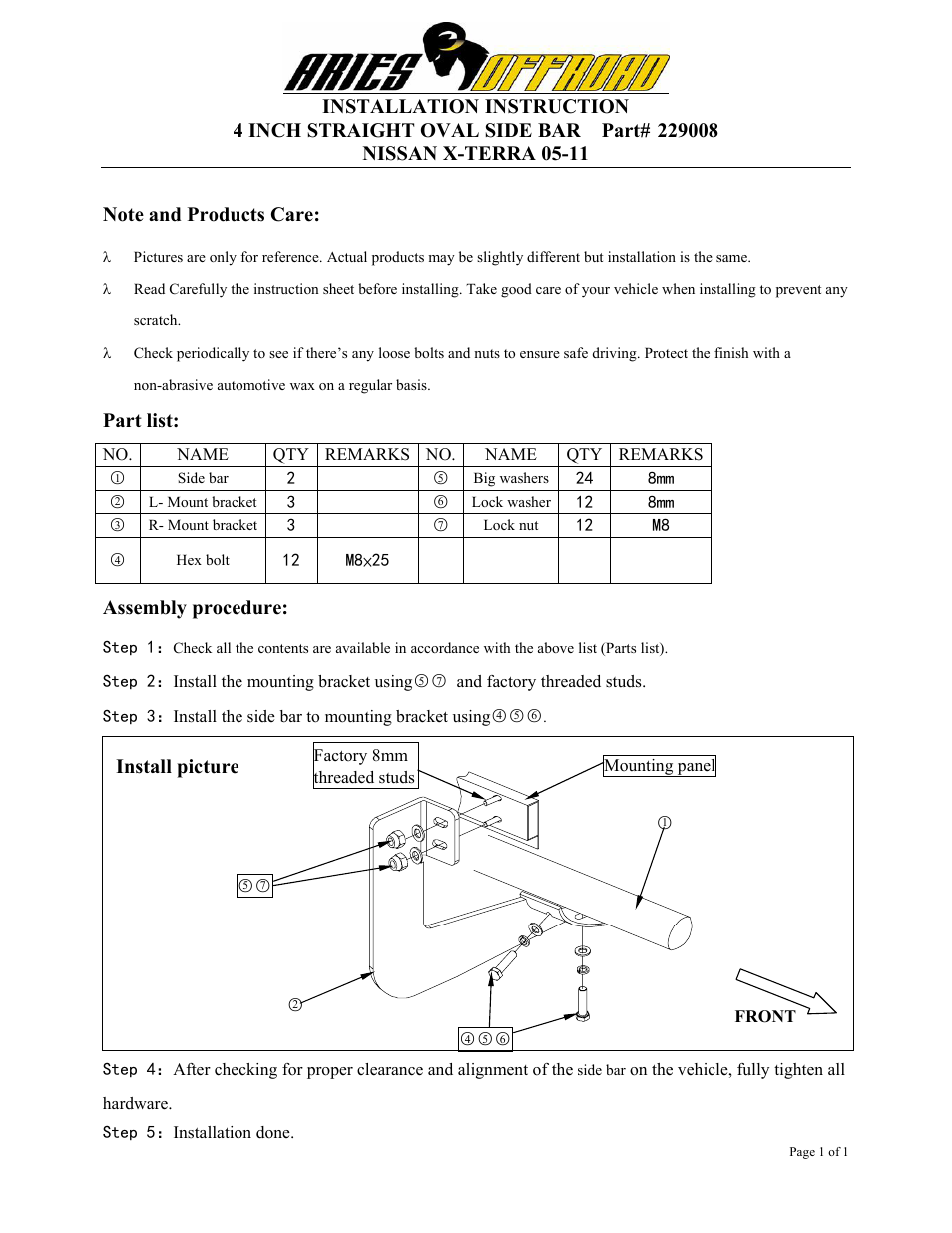 Aries Automotive S229008 User Manual | 1 page