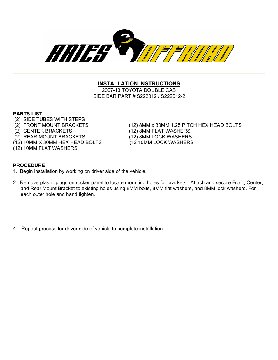 Aries Automotive S222012-2 User Manual | 2 pages