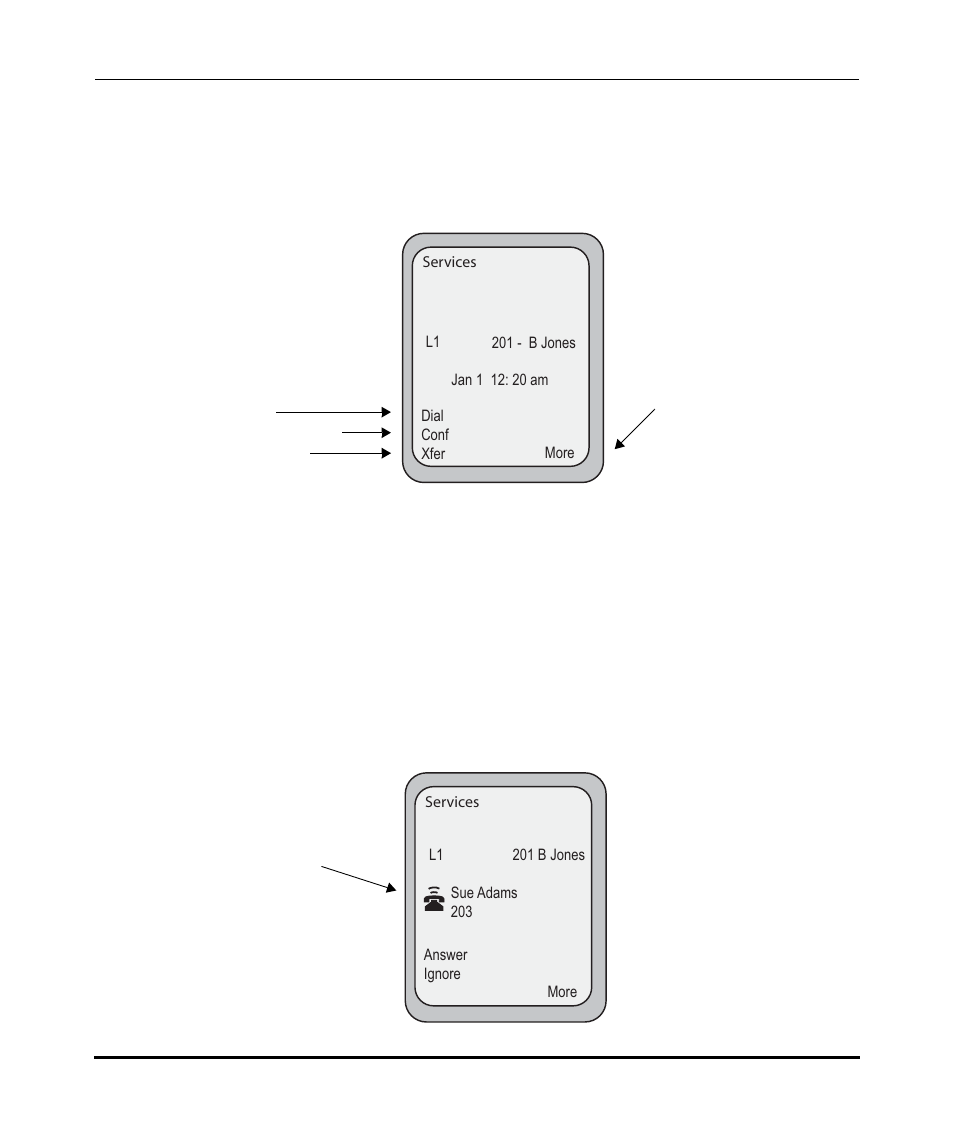Idle state screen when you pick up the handset, Idle state screen when a call is incoming, Idle state screen when you pick up the handset -10 | Idle state screen when a call is incoming -10 | Aastra Telecom Pro 160 User Manual | Page 30 / 230