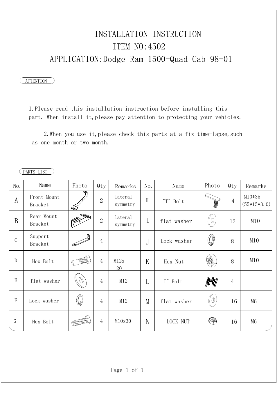 Aries Automotive 4502 User Manual | 2 pages