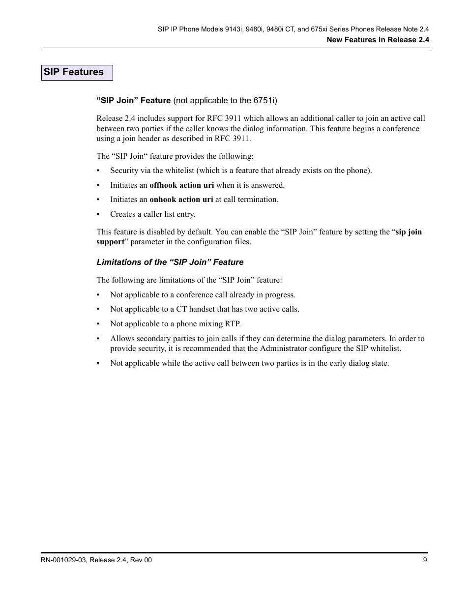 Sip features, Sip join” feature (not applicable to the 6751i), Limitations of the “sip join” feature | Sip join” feature (not applicable to the, 6751i) | Aastra Telecom 675xi Series User Manual | Page 13 / 52