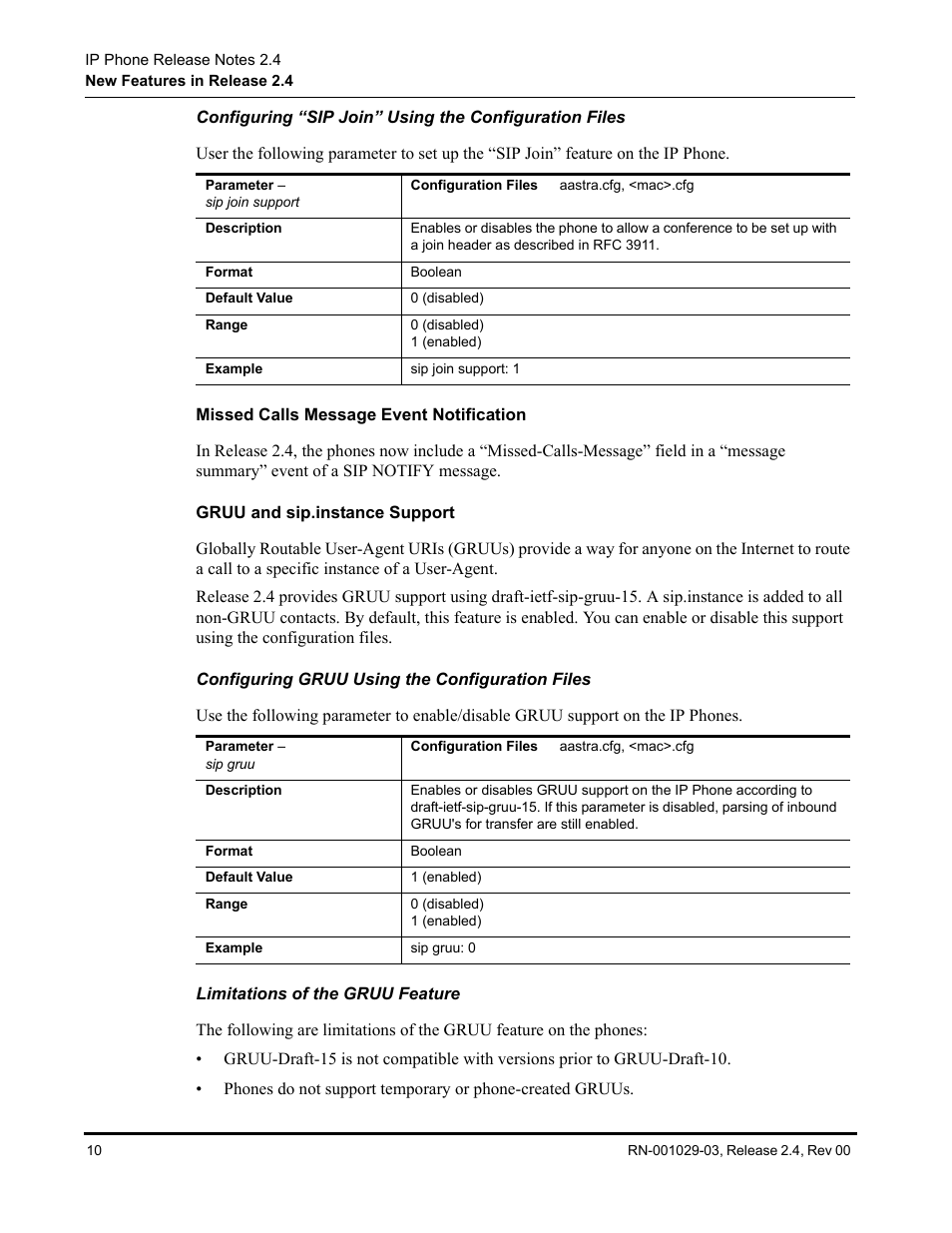 Missed calls message event notification, Gruu and sip.instance support, Configuring gruu using the configuration files | Limitations of the gruu feature | Aastra Telecom 675xi Series User Manual | Page 14 / 52