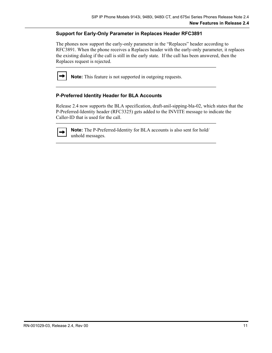 P-preferred identity header for bla accounts, Support for early-only parameter in, Replaces header rfc3891 | Aastra Telecom 675xi Series User Manual | Page 15 / 52