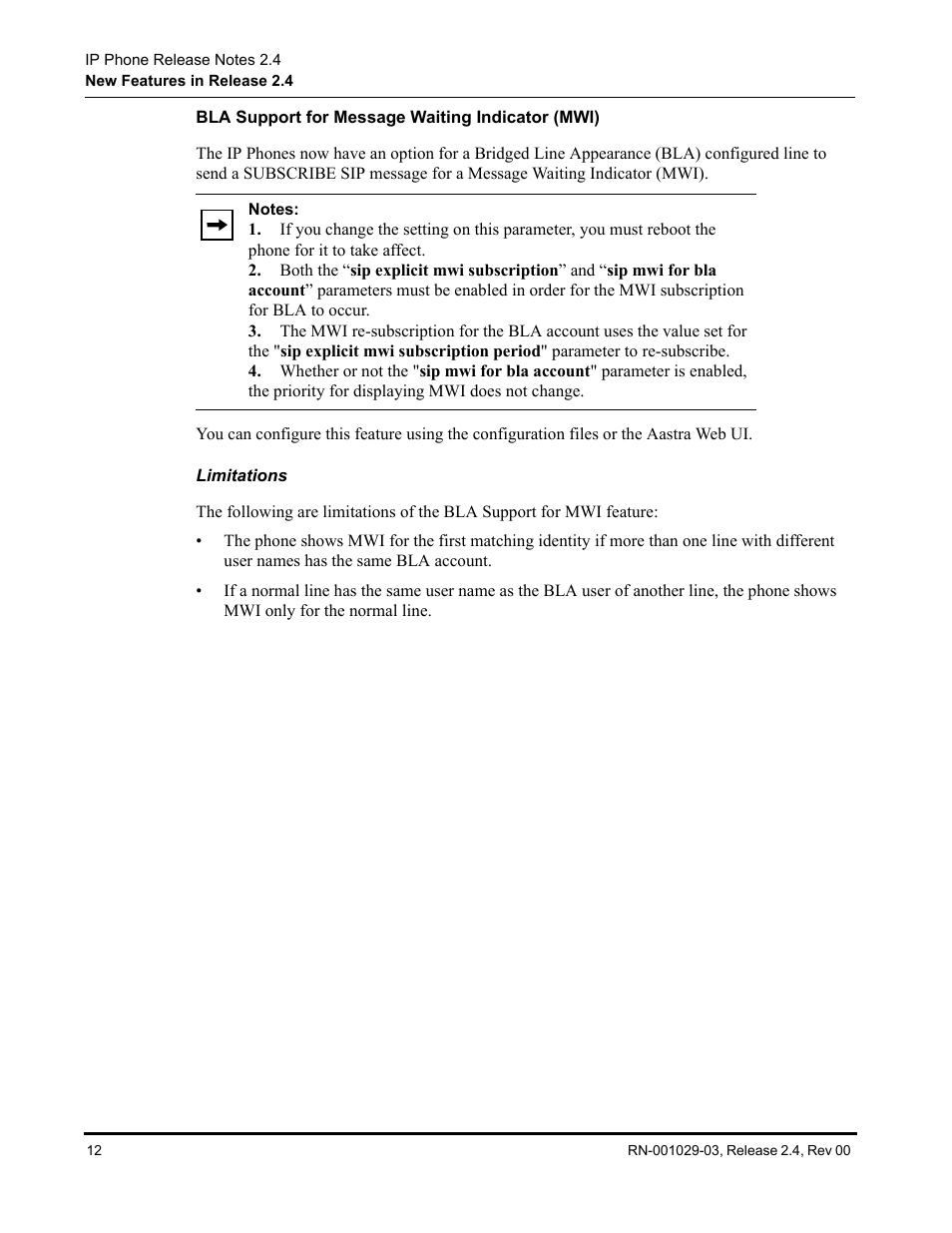 Bla support for message waiting indicator (mwi), Limitations, Bla support for message waiting indicator | Mwi) | Aastra Telecom 675xi Series User Manual | Page 16 / 52