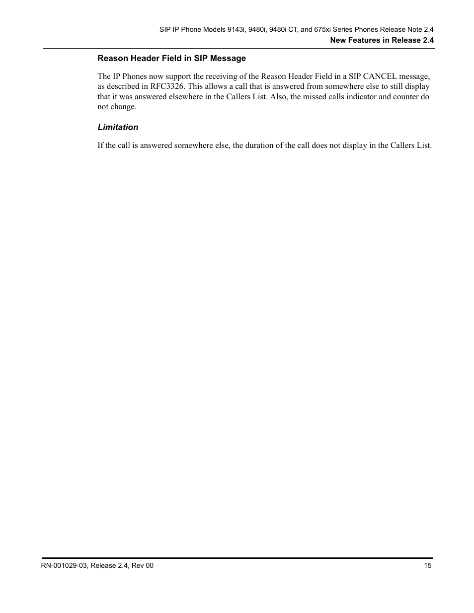 Reason header field in sip message, Limitation | Aastra Telecom 675xi Series User Manual | Page 19 / 52