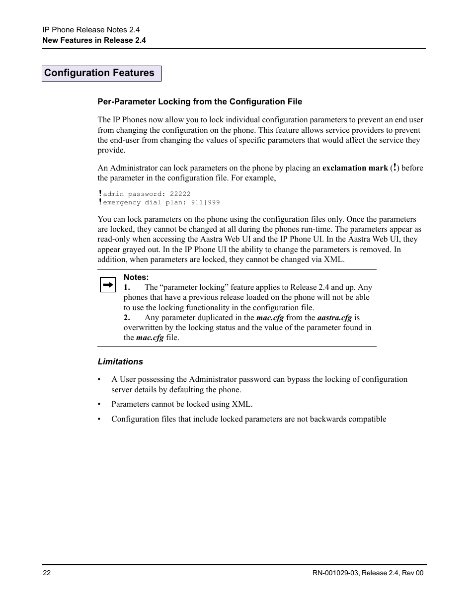 Configuration features, Per-parameter locking from the configuration file, Limitations | Aastra Telecom 675xi Series User Manual | Page 26 / 52