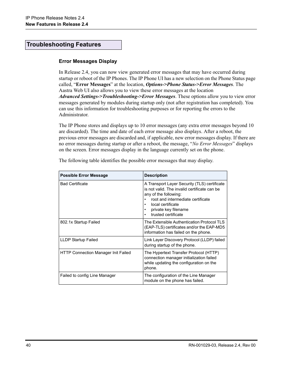 Troubleshooting features, Error messages display | Aastra Telecom 675xi Series User Manual | Page 44 / 52