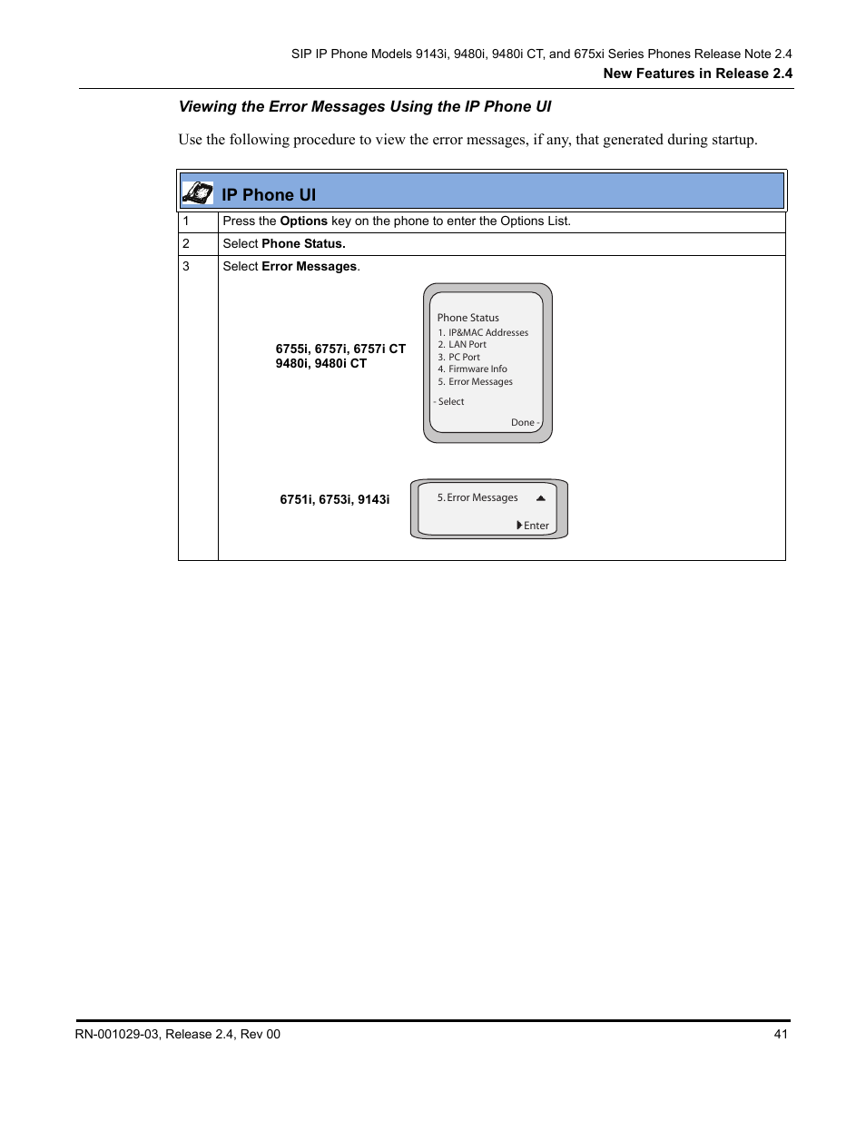 Viewing the error messages using the ip phone ui, Ip phone ui | Aastra Telecom 675xi Series User Manual | Page 45 / 52