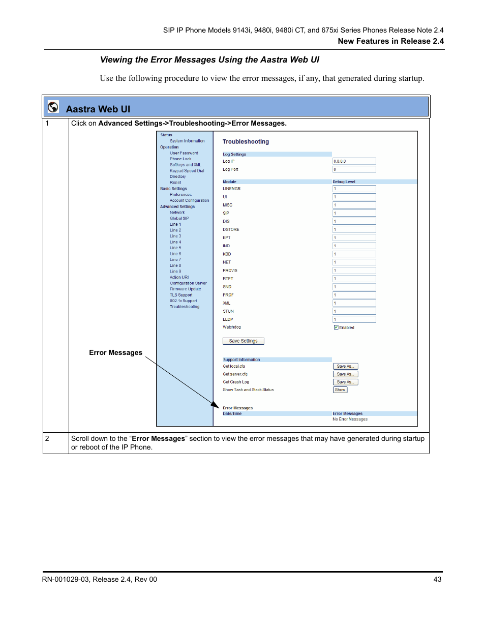 Viewing the error messages using the aastra web ui | Aastra Telecom 675xi Series User Manual | Page 47 / 52
