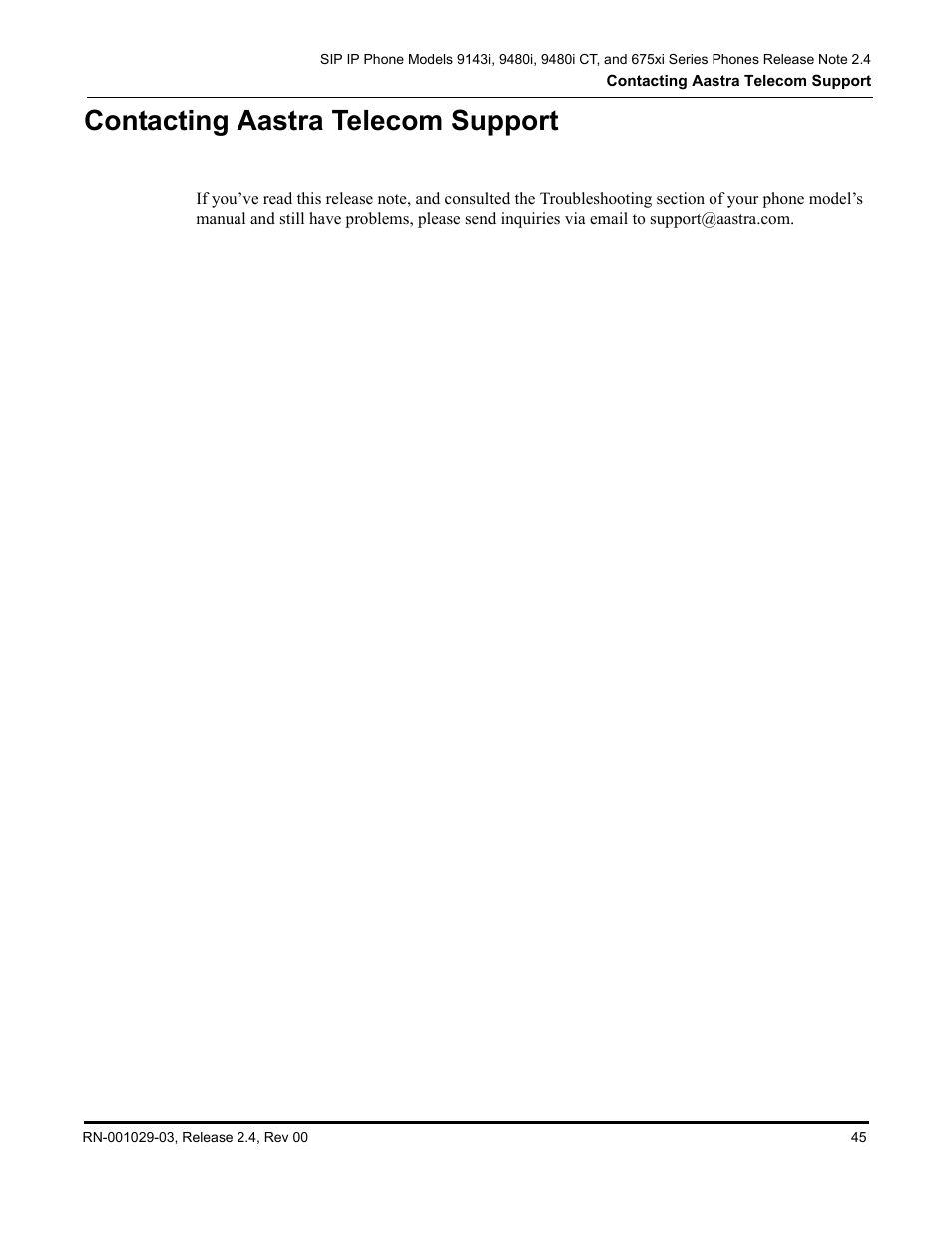 Contacting aastra telecom support | Aastra Telecom 675xi Series User Manual | Page 49 / 52