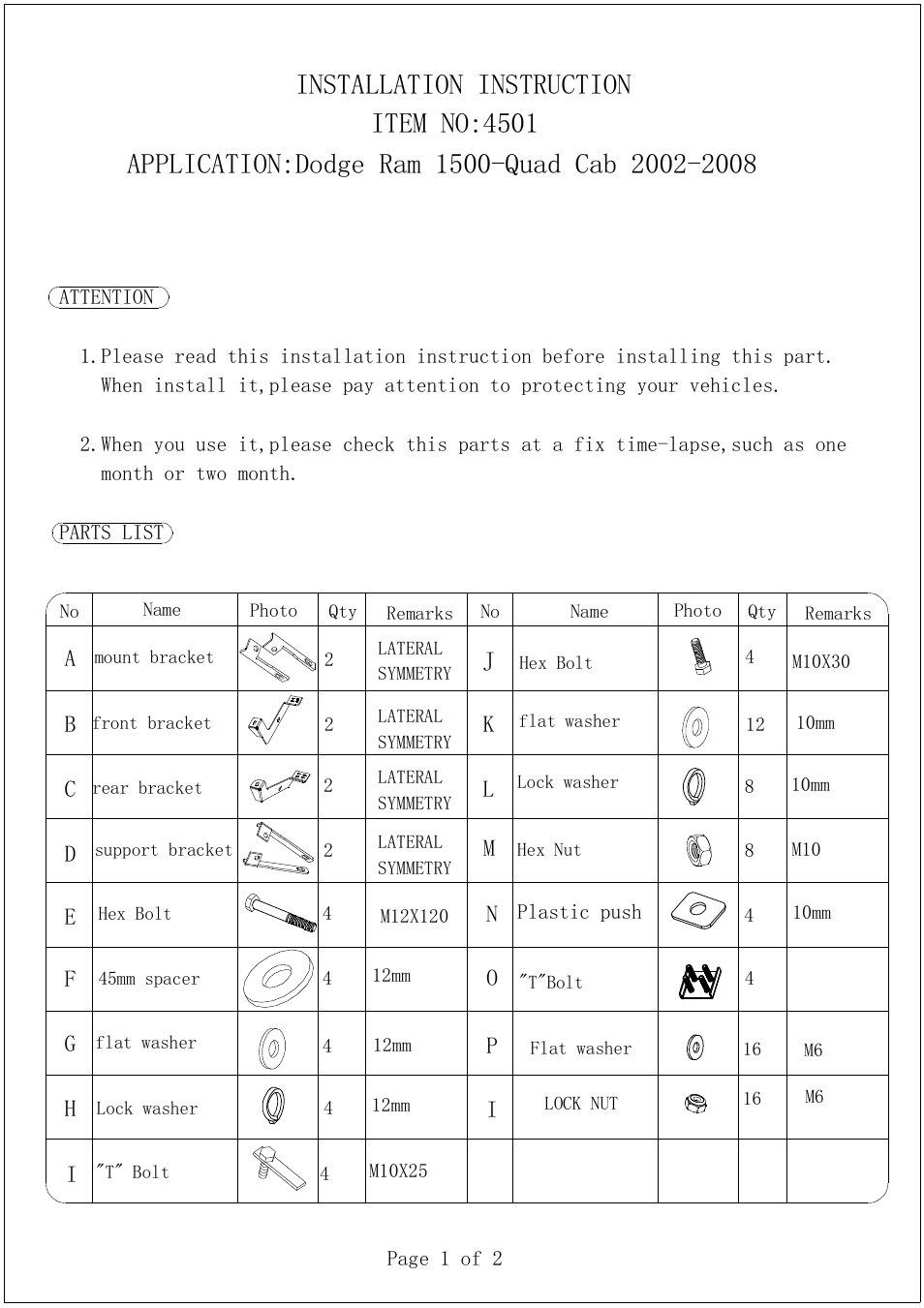 Aries Automotive 4501 User Manual | 2 pages