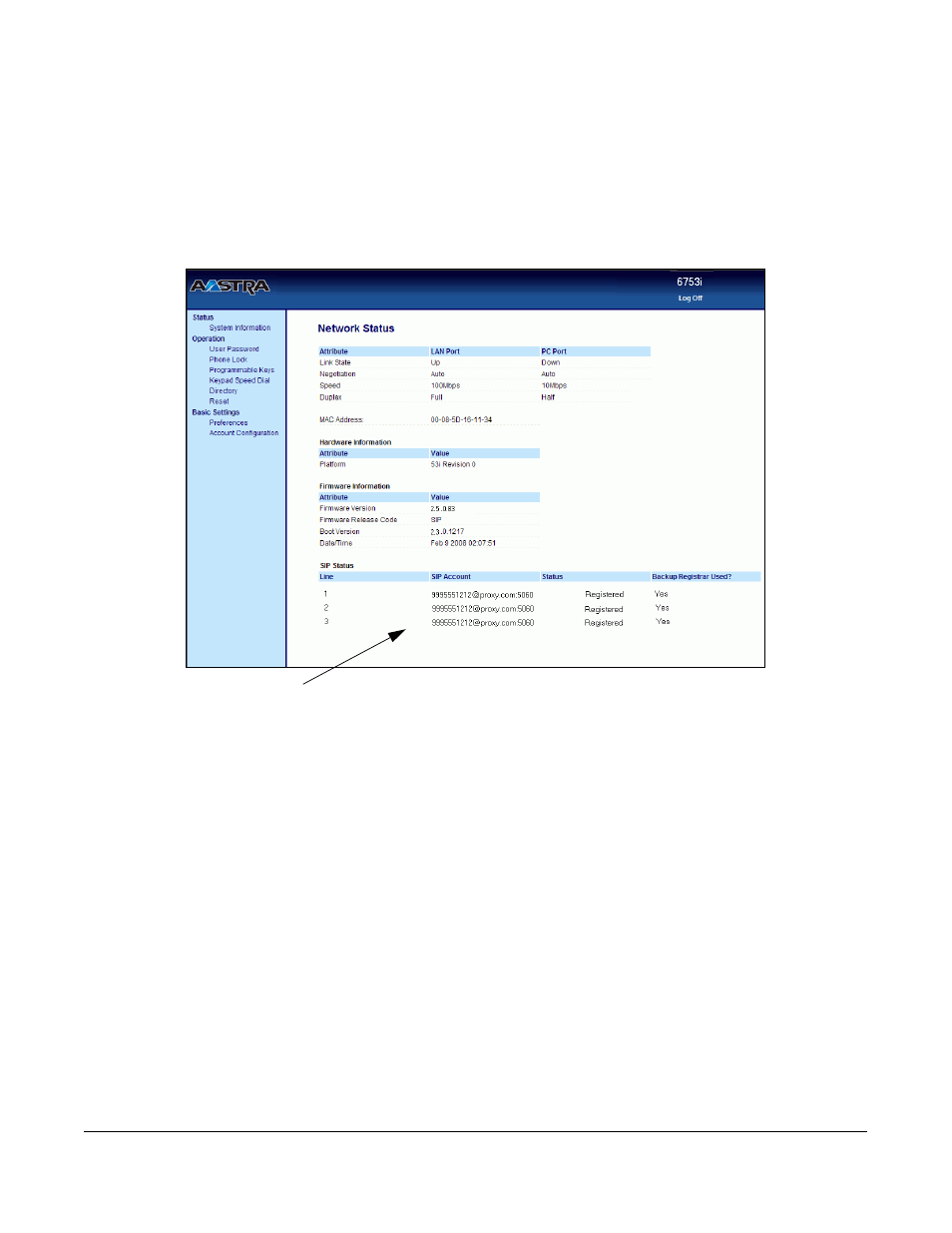 Sip account status, Phone status | Aastra Telecom 6753I User Manual | Page 29 / 226