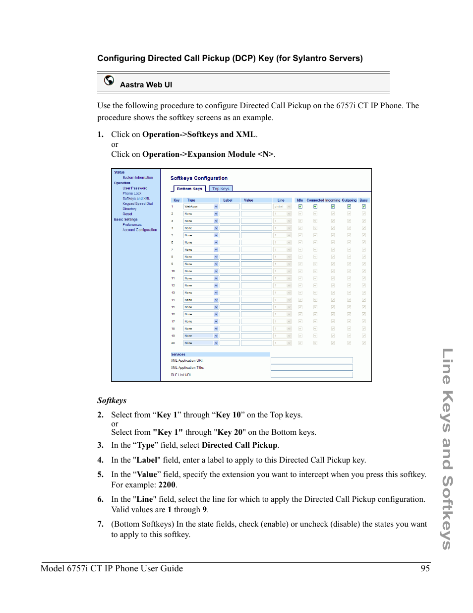 Line keys and softkeys | Aastra Telecom 6757I CT User Manual | Page 105 / 310