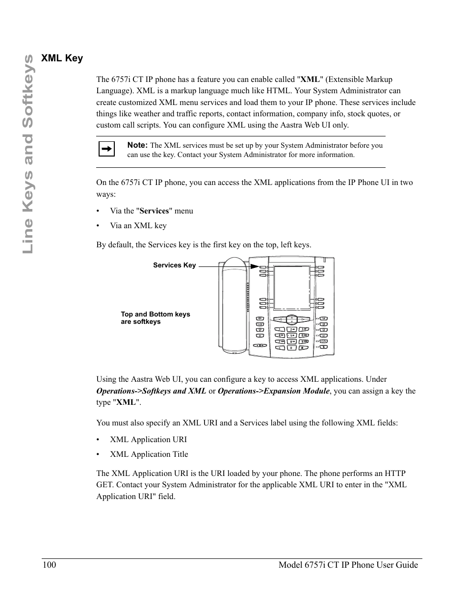 Xml key, Line keys and softkeys | Aastra Telecom 6757I CT User Manual | Page 110 / 310